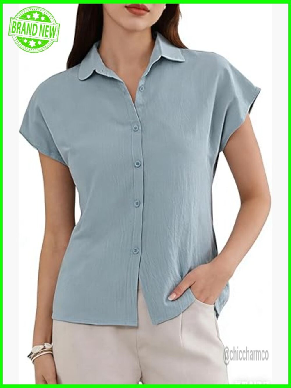Linen Button Down Shirt Short Sleeve V-Neck Casual Summer Beach Top